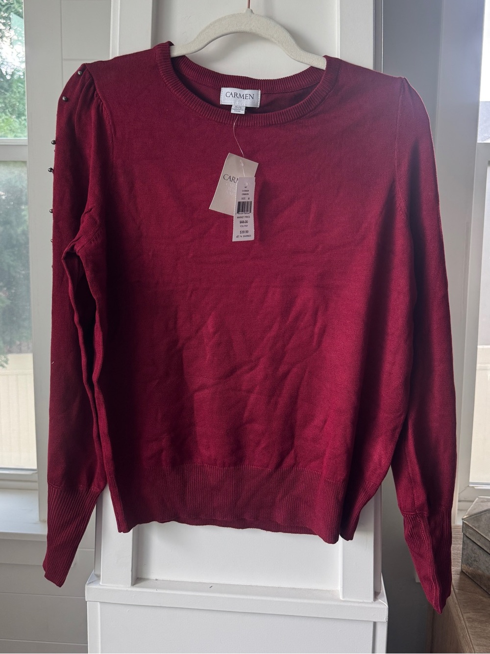 NWT Carmen Marc Valvo Crimson Studded Puff Sleeve Sweater Size Medium